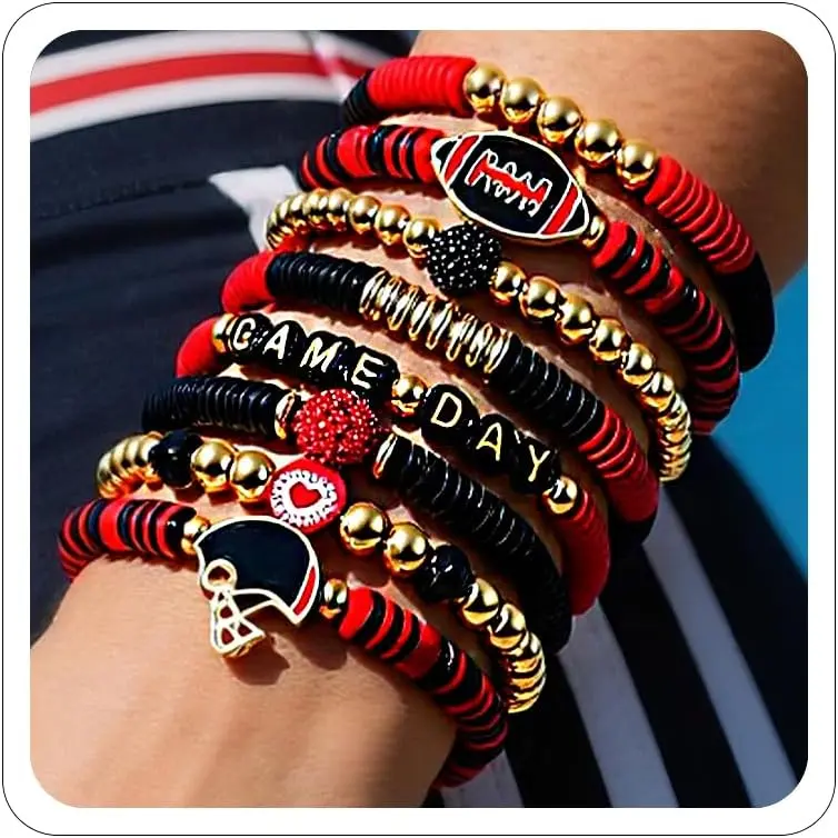 Women's Beaded Stretch Bracelets, Sports Event Team Color Accessories with Stretchy Design for Football Moms, Game Day Outfits & Team Spirit Vibes (Red, Black, Blue), Sports Events, Team Colors