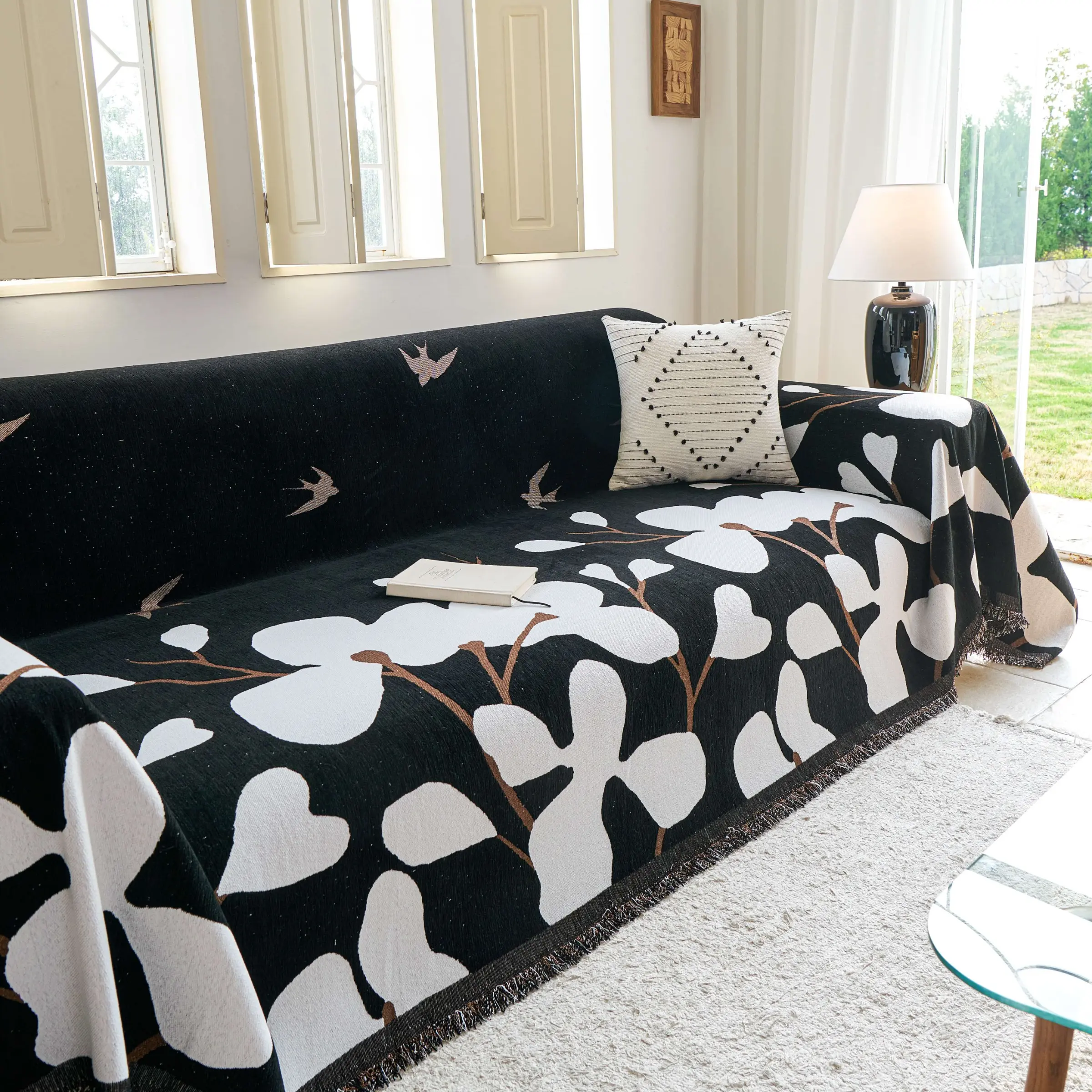 Reversible Chenille Heart & Bird Sofa Blanket, Universal All-inclusive Sofa Protector, Anti-Cat Scratch Non-Slip, 4-Season Use for 1/2/3 Seater Sofa, Washable Couch Covers, Living Room, Apartment & Airbnb Decor