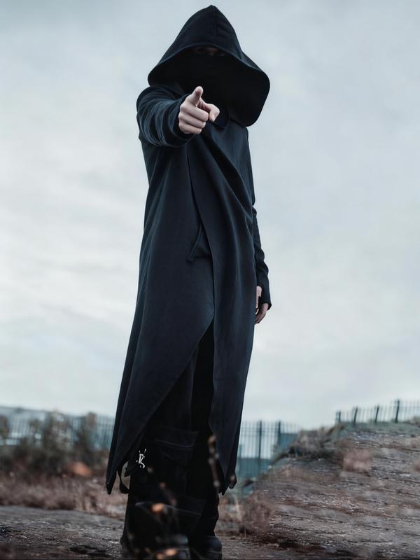 Men's Black Hooded Cyberpunk Maxi Coat – Asymmetric Design, Stylish Outerwear for Street Fashion & Cosplay