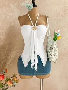 LUSHY x Soleia Women's Asymmetrical Hem Camisole Top With Seashell Decor, Suitable For Beach Vacation, Halter Orange Strapless Fairytale Ruffle Top