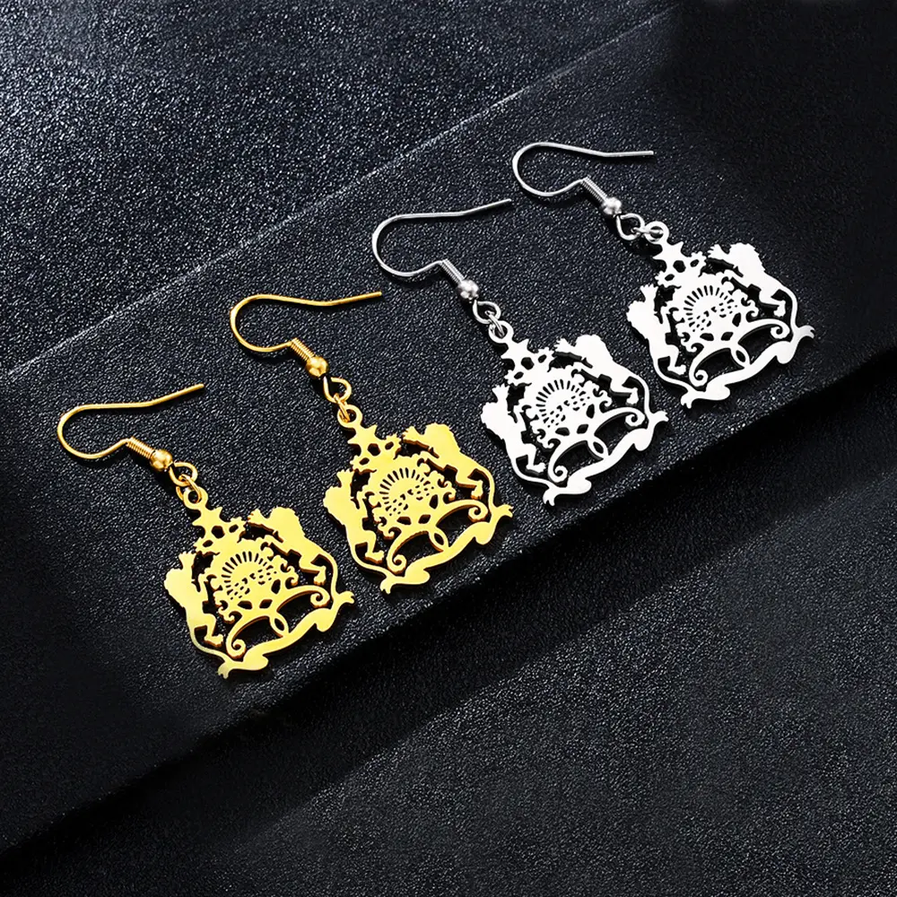 A pair of fashionable ethnic style hollow gold stainless steel Morocco national emblem fish hook earrings