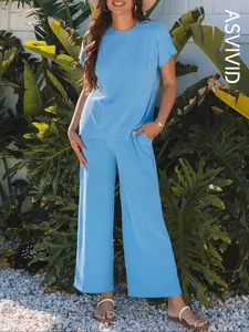 Women's Twisted Ribbed Knit Solid Color Set - Round-neck Short Sleeve T-Shirt & Wide Leg Pants with Side Pockets, Casual Comfy for Summer Daily Wear