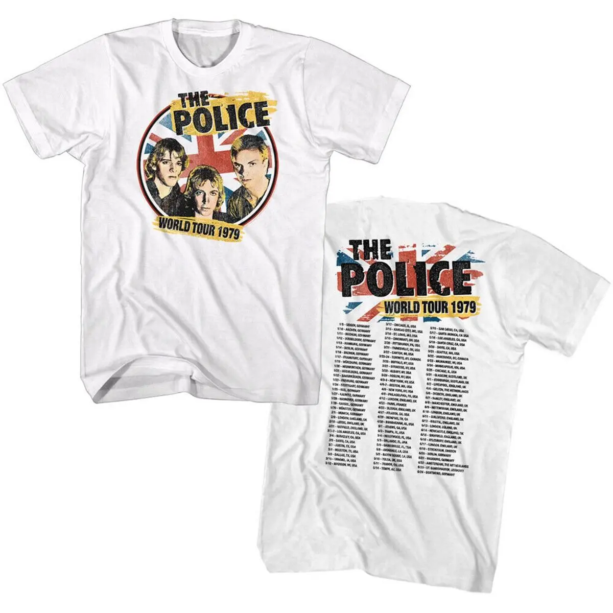 Sting & The Police Around the World Tour 1979 T Shirt Rock Band Live Dates S-3XL Double Side Unisex Menswear Top Tee rock music