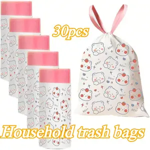 30pcs Cartoon-Printed Drawstring Trash Bags: Thickened, Handle-Style, Large-Size Plastic Bags for Kitchen Use; Cartoon Drawstring Trash Bags with Thickened, Odorless Lining, Suitable for Kitchens, Bathrooms, and Offices