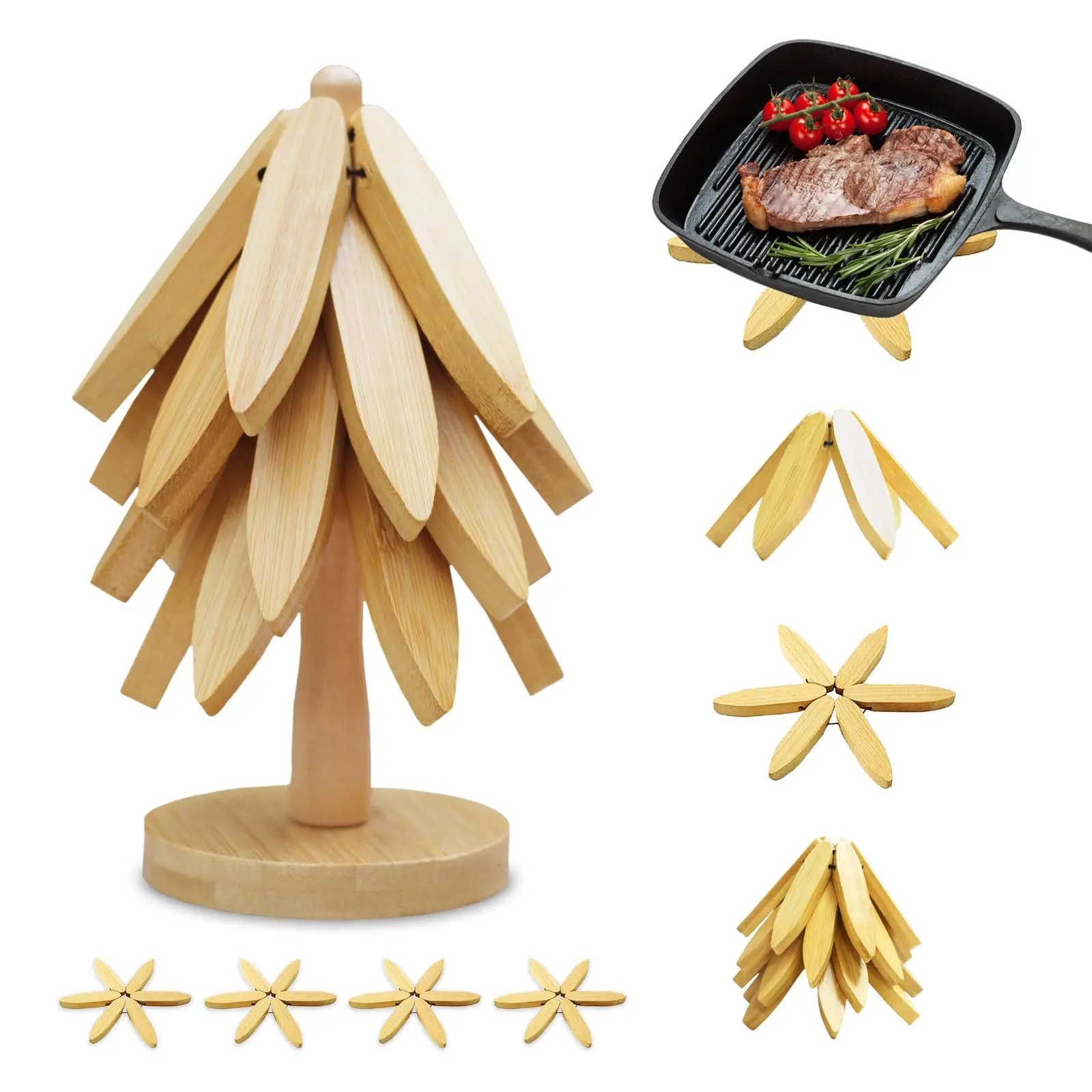Wooden Trivet Tree Set For Hot Dishes  Wood Trivets Expandable Design Coasters Foldable Tree-sharped Placemats With 4pcs(original Color)