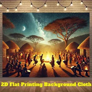 2D Flat, 1pc African-Themed Campfire Party Banner - Starry Night Savannah Backdrop with Drummers & Thatched Huts - Photography Background, Birthday/ Wedding/ Festival Decorations - No Electricity Needed - Durable Polyester Fabric for Indoor/Outdoor