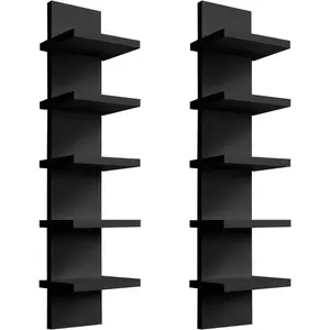 5 Tier Black Wall Shelf Unit 2 Pack, Compact Narrow Smooth Laminate Finish - Vertical Column Wall Decor Mount Floating Storage Home Decor Organizer Tall Tower Utility Shelf