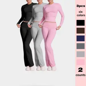 Deer Yoga Shop3pcs 2-teiliges Lounge-Set Für Damen, Umklappbar, Ausgestelltes Hosen-Set, Langärmelig, Bauchfreies Oberteil, Lässige Outfits, Pyjamas