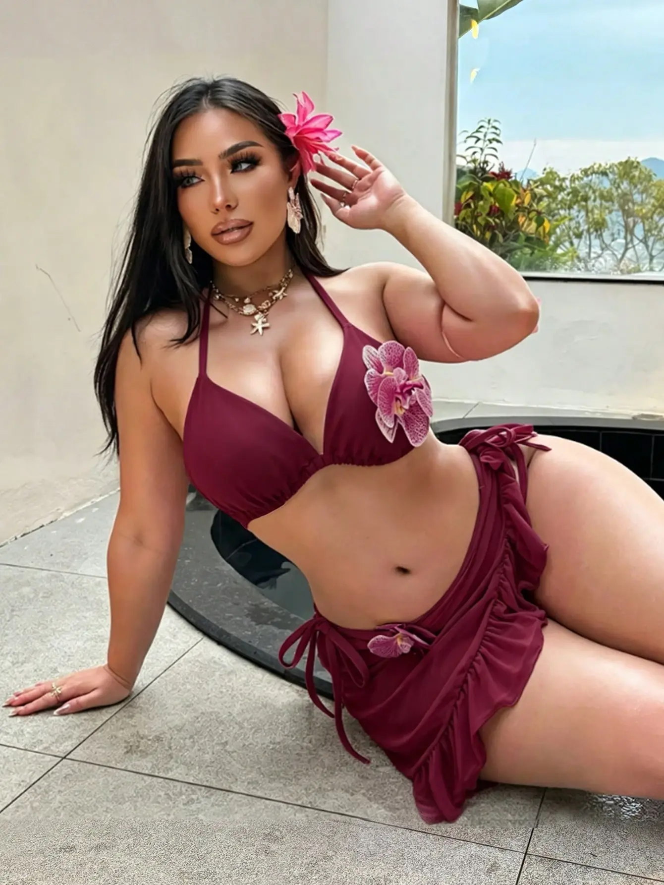 LUSHBE Plus Size Pink Floral Handmade 3D Flower Sexy Swimwear Set Two Piece Bikini Set Beach Vacation Summer Outfit Pool Party