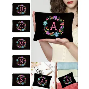 Personalized Initial Cosmetic Bag — Chic Watercolor Floral Makeup Pouch | Simple Zipper Travel Toiletry Bag, Nail Polish & Brush Organizer | Coin, Key & Card Pocket | Portable, Lightweight & Fade-Resistant