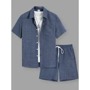 Rugged style Men's Solid Color Button Front Shortsleeve Shirt & Shorts Set without Inner Top, Regular Fit Casual Two-piece Set, Men's Summer Clothes, Menswear