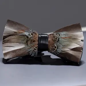 Elegant Brown Feather Bow Tie with Subtle Blue Accents - Kruque