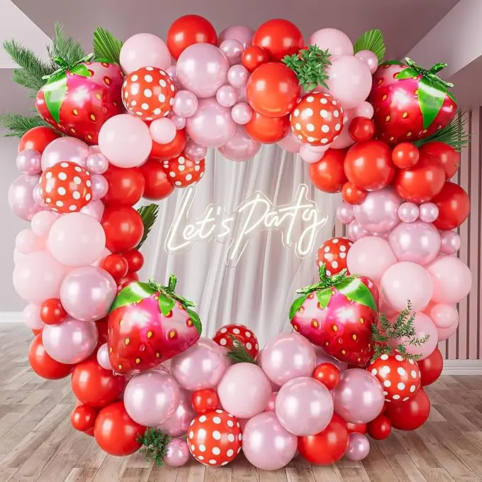 Strawberry Balloon Garland Arch Kit - Red and Pink Balloons with Strawberry Foil Balloons Arch Kit for Sweet Girl Berry First Themed Baby Shower Valentine's Day Birthday Party Decorations