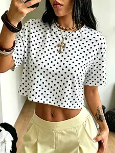 Women's retro white polka dot short T-shirt, street casual short sleeved classic black and white polka dot print, loose fit for summer wear, street style, and daily wear, exclusive durable print for urban minimalist enthusiasts
