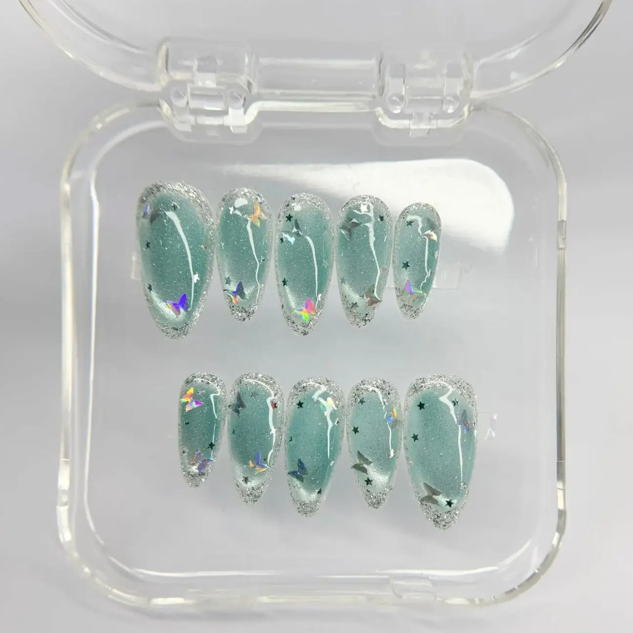 Sage Green Butterfly Press On Nails, Mint Star Handmade Nails, Holographic Fake Nails, Dreamy Glue On Nails