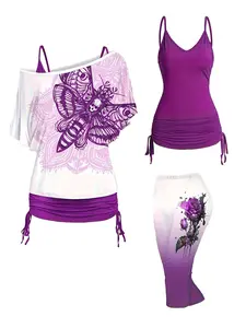 【Plus Size】 Three-piece Set Butterfly Print Top & Solid Cami Top & Floral Print Capri Pants Set, Boho Three-piece Set for Beach Holiday Vacation, Women's Clothes for Summer