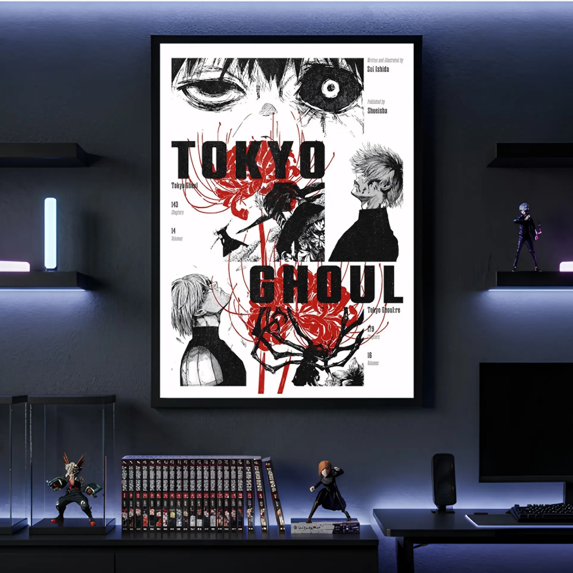 Tokyo Ghoul Kaneki Ken Framed Canvas Wall Art - Red Spider Lily Black-White Manga Collage Minimalist Artwork, Hanging Decoration Print for Living Room, Collectible Fan Gift