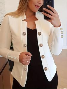 women's plain fake button front jacket, casual long sleeve stand collar open front outerwear for spring & fall, ladies tops clothes for daily wear