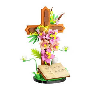 Cross Building Blocks Set 3D DIY Assembly Model with Cross Flowers & Open Book Creative Desktop Decoration Religious Ornament Gift for Holidays