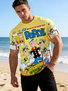 Men's Popeye Vs. Bluto Fight Pattern T-Shirt, Vivid Cartoon Design, Brutus Vs the Sailor Man Text, 3D Printed Summer Casual Wear