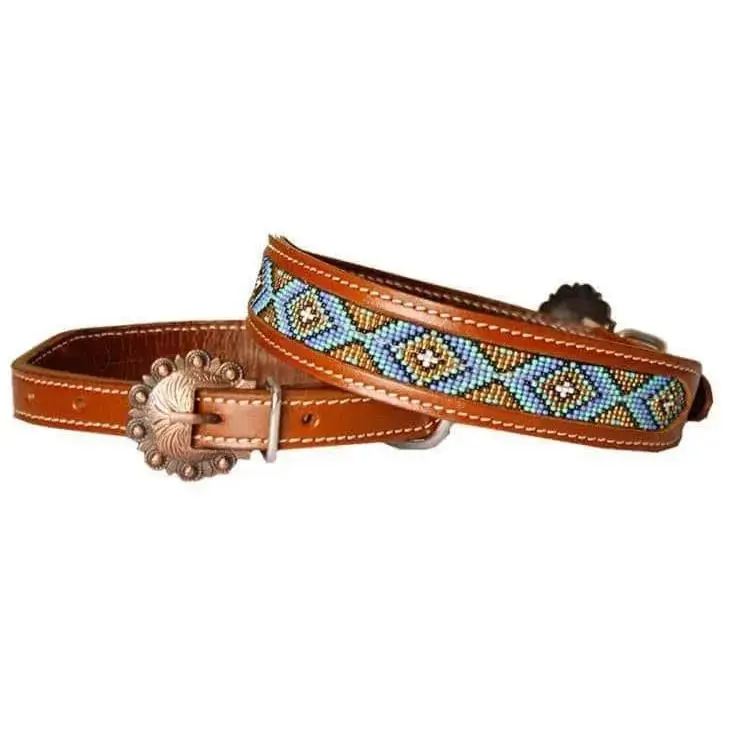 Leather Dog Collar with periwinkle, gold, and mint beaded inlay for dogs