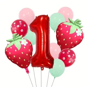 Fruit Theme Aluminum Foil Balloon Set, Matte Strawberry Balloons, Festive Birthday Party Decorations, 32 Inch Number Balloons
