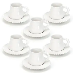 3.4 fl oz Traditional Style White Beaded-Edge Tea Cup and Saucer Set - 6 Cups, 6 Saucers for Cappuccino, Latte, Mother's Day Gift