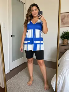 Plus Size Summer Two-Piece Set, Blue Plaid Sleeveless Top, Slim Fit Solid Short Pants, Breathable, Casual, Beach, Breakfast