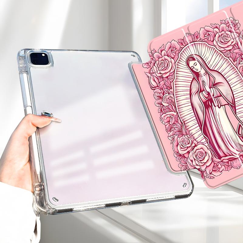 Pink Virgin Mary Rose Floral iPad Stand Case, Three-tiered stand iPad case,Religious Art Transparent Acrylic Hard Back Panel With Pencil Slot, for All models ipad.Scratch-resistant Ultra-thin Protective Case,Shock-resistant Full Cover, Tablet Stand Holder