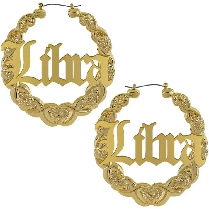 Zodiac Bamboo XOXO Hoop Earrings with Old English Font for Women Girls Astrology Earrings Fashion Jewelry 14K Gold Plated 90's Earrings for Women Hip Hop S