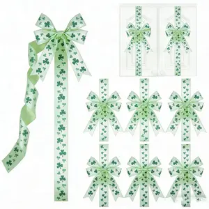 St. Patrick's Day Green Shamrock Large Bow Decoration -79x2.4Inches Polyester Fringe Bow for Cabinet Doors NoBatteries Needed, Easy to Install Festive Home Decor