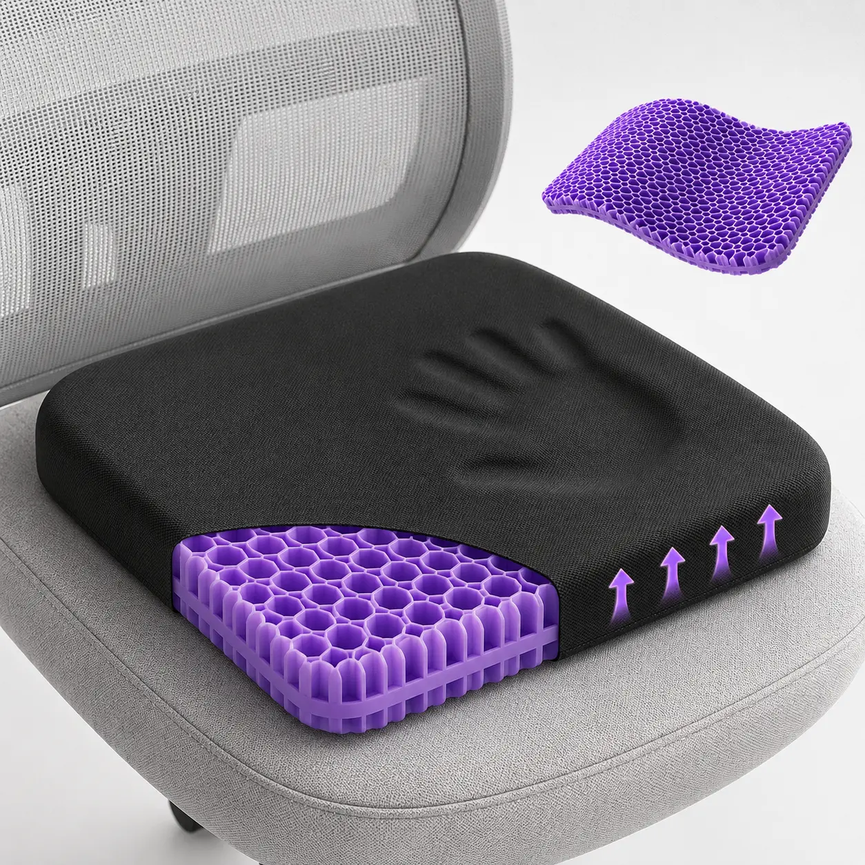 GEECO Firm Purple Gel Seat Cushion, Honeycomb Cooling & Breathable Chair Pad with Non-Slip Washable Cover, 16.54 x 14.17 x 1.38 in for Office Chair, Car, Truck & Home
