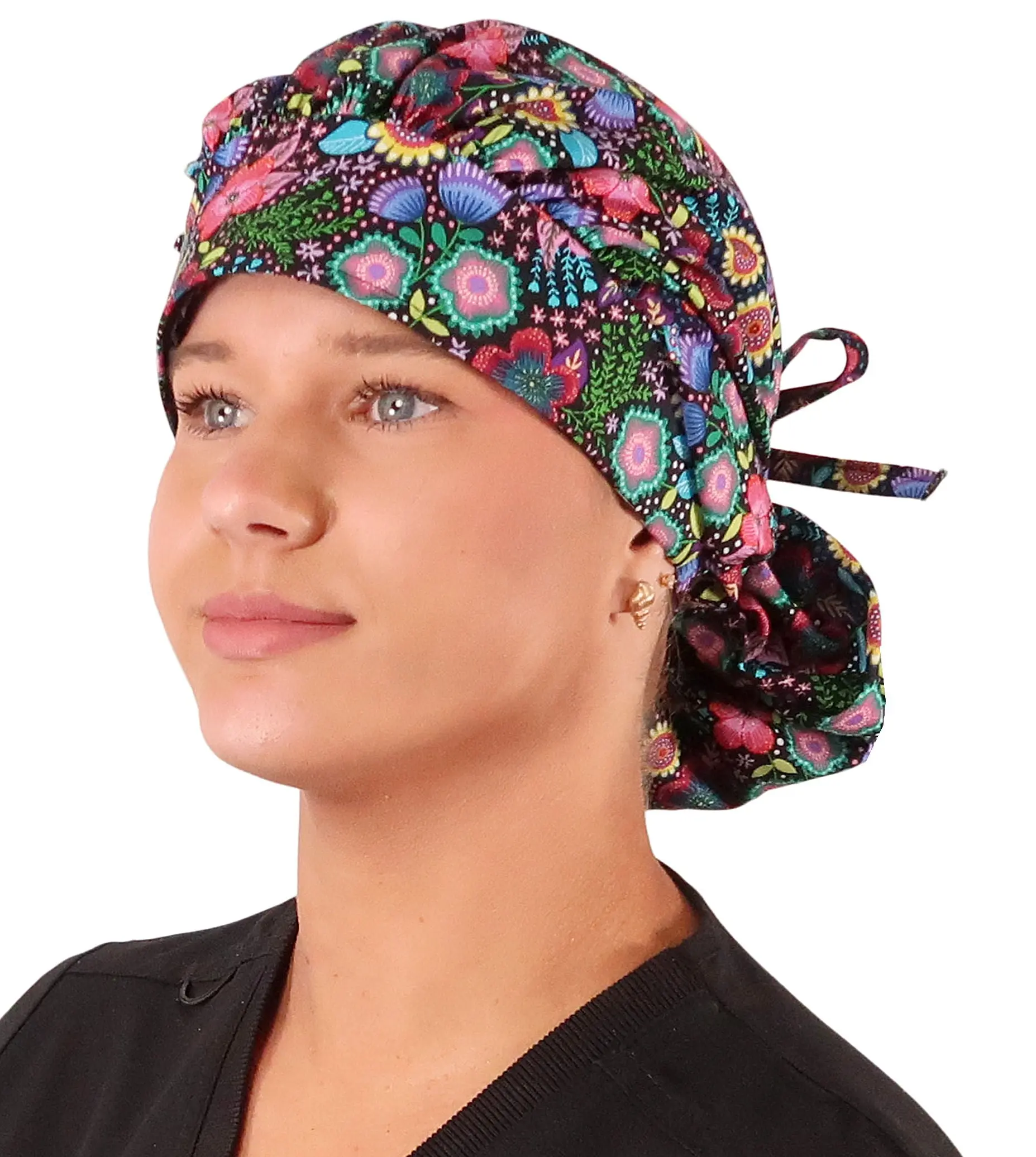 Banded Bouffant Ponytail Scrub Cap - Jewel of Paradise Floral
