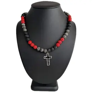 Iced Bling Disco Ball Rhinestone Crystal Beaded Baseball Drip Red Black Gray Necklace + Barbed Wire Cross Pendant