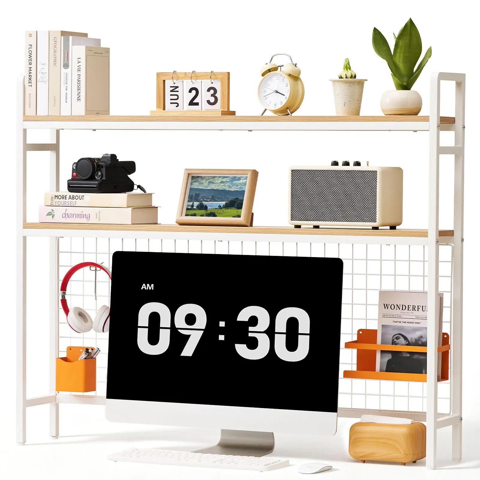 VEVOR 3-Tier Desktop Bookshelf Rack - Metal Frame, Wooden Shelf, Non-Slip Feet Pads, Grid Design (White) - Office Furniture for Desk Setup, Home Office Computer Desk Organizer