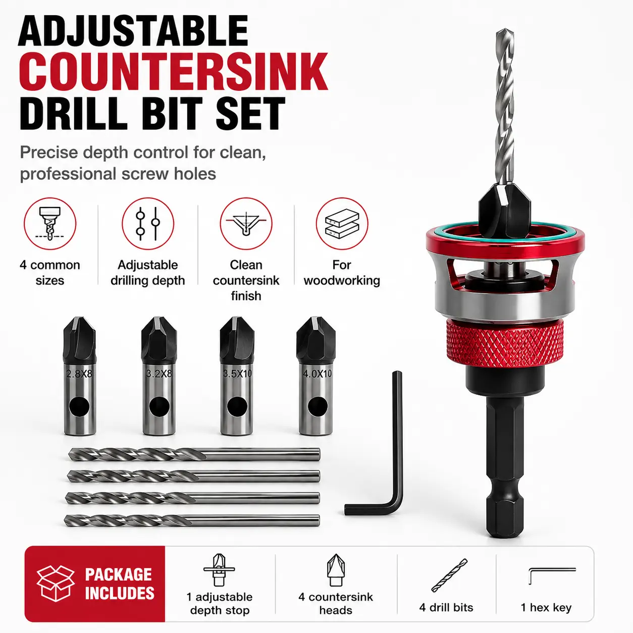 4PCS HCS Steel 4-Blade Countersink Drill Bit Set with Adjustable Depth Stop, L-Wrench Tool, Precision Drilling Work Tools for Wood Plastic