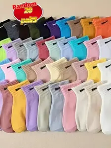 20 Pairs Random Color Candy Comfort Fashion Athletic Running Socks, Indoor Casual Outdoor Running Versatile Socks, Slim-Fitting Plain Style