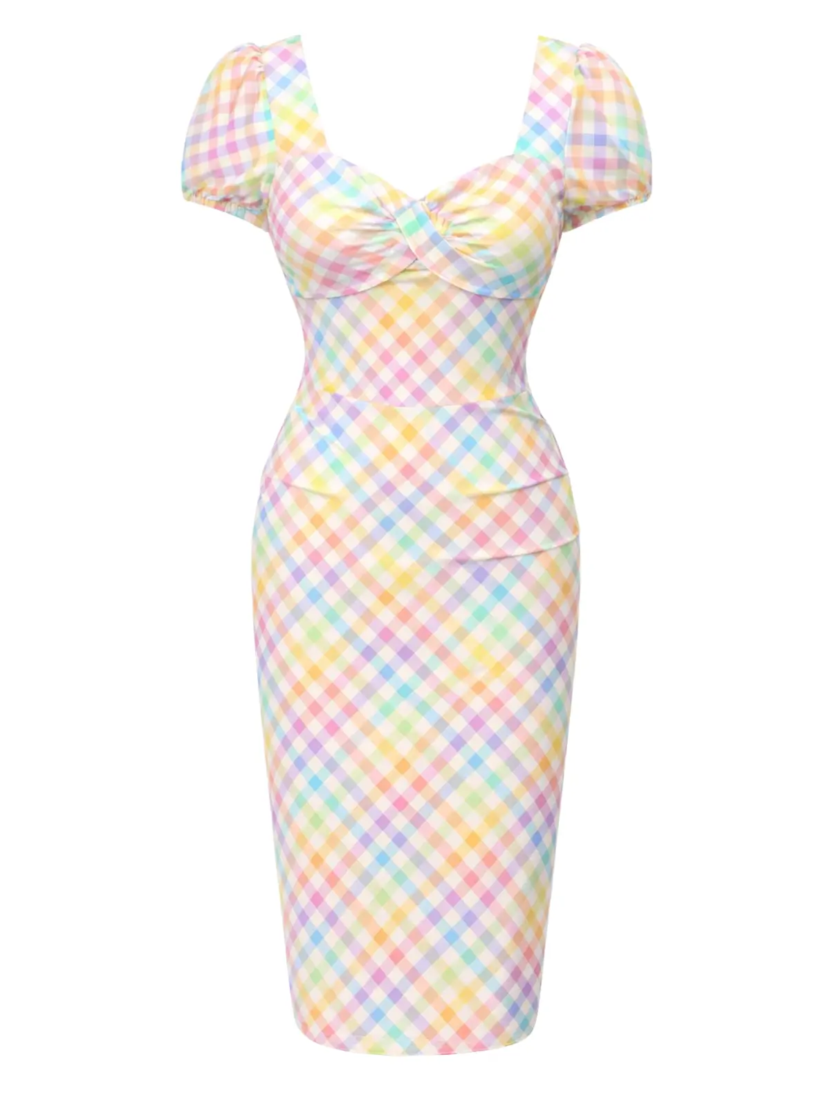Rainbow 1960s-Inspired Gingham Plaid Short-Sleeve Square Neck Puff Dress - Polyester, Elegant Italian Vibe, Comfortable Casual Wear, Back Zipper, Dot Casual Dresses, Polka Dot Dresssummer dresses vacation outfits Chic Shortsleeve