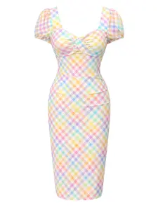 Rainbow 1960s-Inspired Gingham Plaid Short-Sleeve Square Neck Puff Dress - Polyester, Elegant Italian Vibe, Comfortable Casual Wear, Back Zipper, Dot Casual Dresses, Polka Dot Dresssummer dresses vacation outfits Chic Shortsleeve