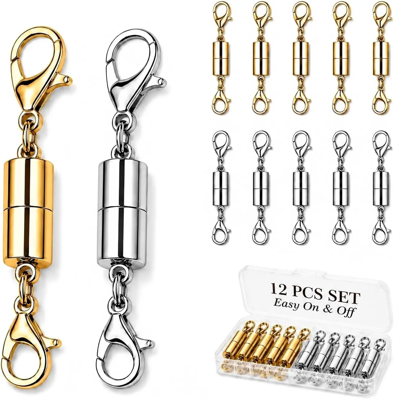 12 Pack Magnetic Necklace Clasps and Closures. Necklace Jewelry Extender with Strong Magnet. Magnetic Necklace Clasp for Jewelry Necklace Bracelet Making. Gold and Silver Plating (Regular)