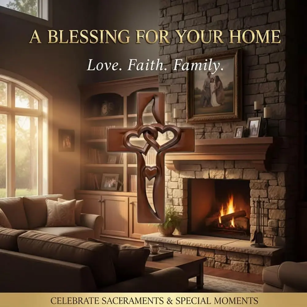 Wooden Cross with Intertwined Hearts, Home Decor Statue, Monumental & Decorative Collectible Home Supply