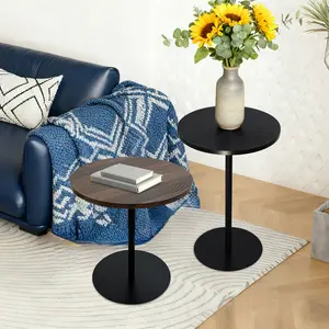 Set of 2 Small Round Side Table Wooden Concentric Circles Coffee Table for Two Metal Pedestal Nightstand for Corner Small Space (Walnut Brown & Black) Modern Furniture