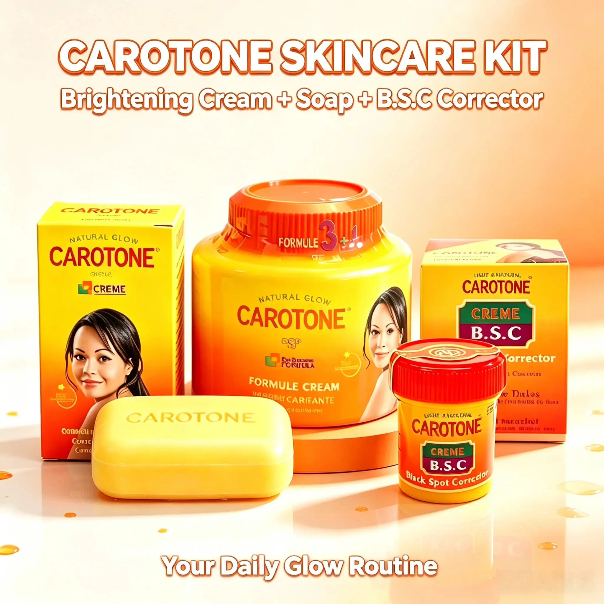 Carotone Skin Care Bundle: 3IN1 Brightening Cream + Brightening Soap + Spot Corrector Cream