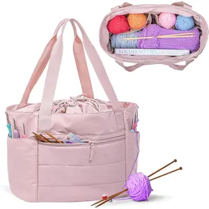 Large Knitting Bag Tote, Puffer Yarn Storage Bag, Drawstring Crochet Bag Organizer for Yarn Skeins and Crocheting Supplies,