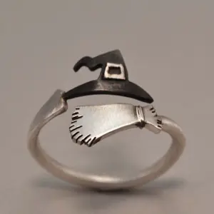 Fashionable and Creative Witch Hat Broom Open Ring Niche Retro Distressed Jewelry