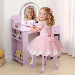 GAOMON Girls Vanity Table and Chair Set,Kids Vanity with Lighted Mirror & Stool,Wooden Toddlers Princess Dressing Table with Adjustable LED Light, Bookshelf, Storage Drawer & Shelves for Girls 3-9