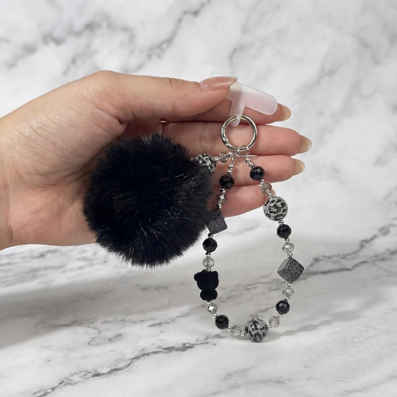 Minimalist Phone Charm Strap with Beads & Plush Pom – Cute Wrist Lanyard Keychain for Phone Case, Stylish Daily Accessory