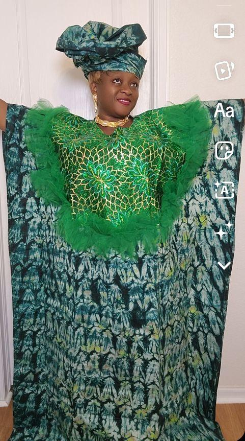 Adire Kampala Tie Dye Bubu Mumu Dress in MultiColor Green Intricate chest sequenced design, Comfortable Special occasion Casual Womenswear  Maxi Gorgeous