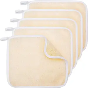 5 Pcs Exfoliating Face and Body Wash Cloths Towel Weave Bath Exfoliating Scrub Massage Bath Cloth for Women and Men, 10.23 x 8.66 Inch(Beige Edge)