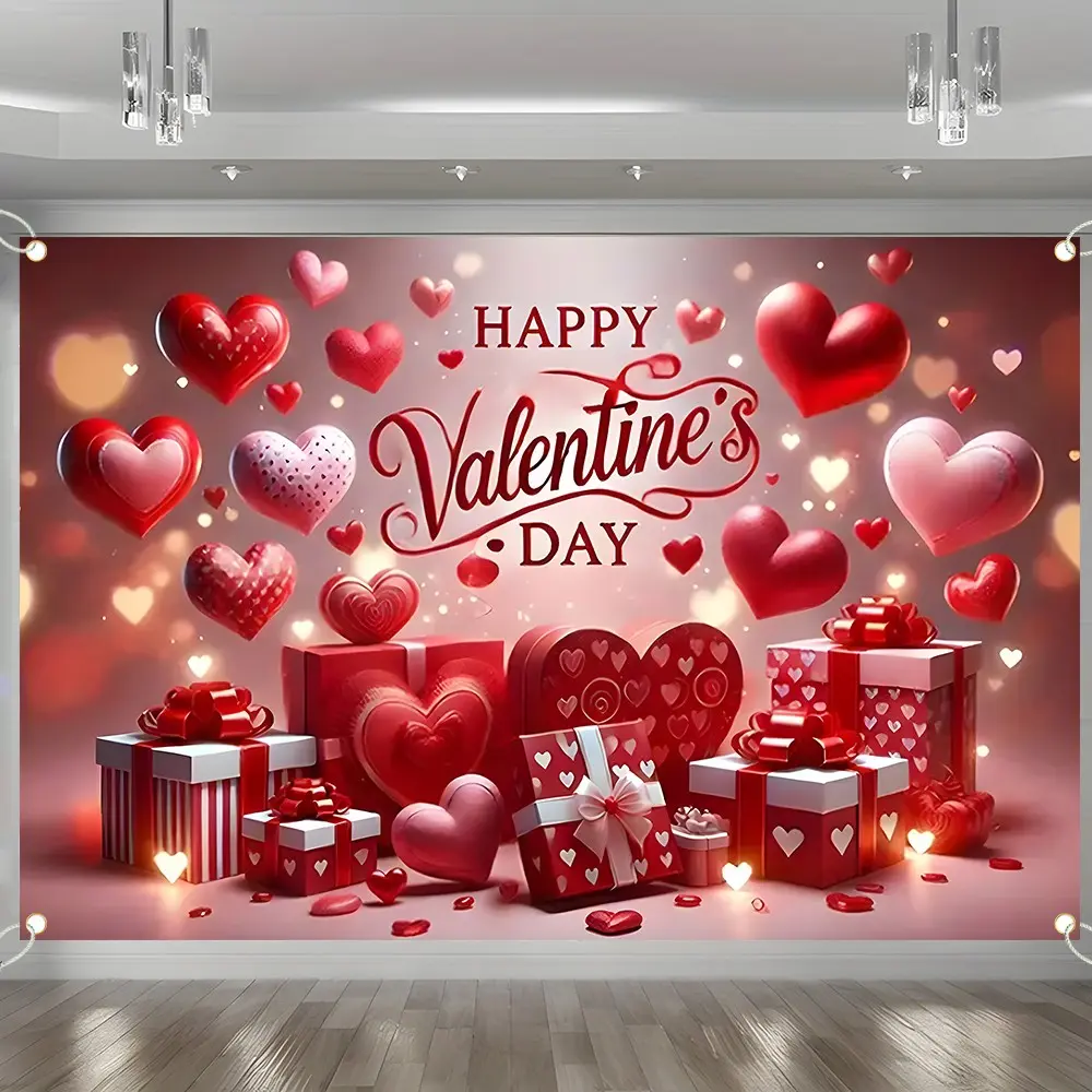 Happy Valentine's Day Backdrop Red Heart, Large Valentine's Day Banner for Party Decorations, Fabric Photography Background for Photo Booth, Valentine's Day Party Supplies for Home Indoor Outdoor